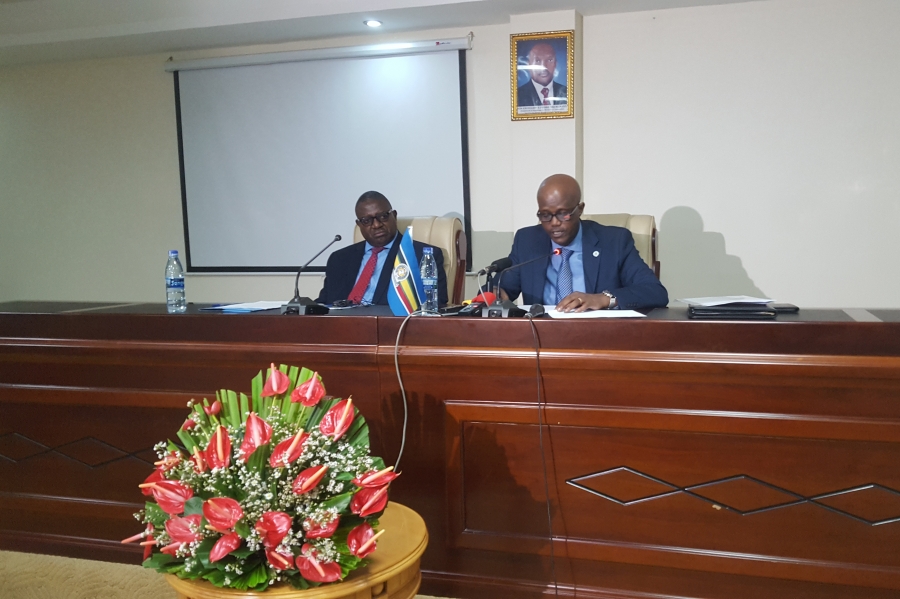 EAC Secretary General, Amb. Liberat Mfumukeko and Deputy Secretary General (in charge of Planning and Infrastructure), Eng. Steven Mlote during a press conference at Le Panoramique Hotel in Bujumbura, Burundi.