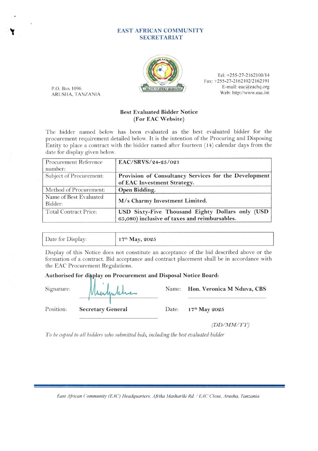 D Best Evaluated Bidder Notice EAC Investment Strategy page 0001