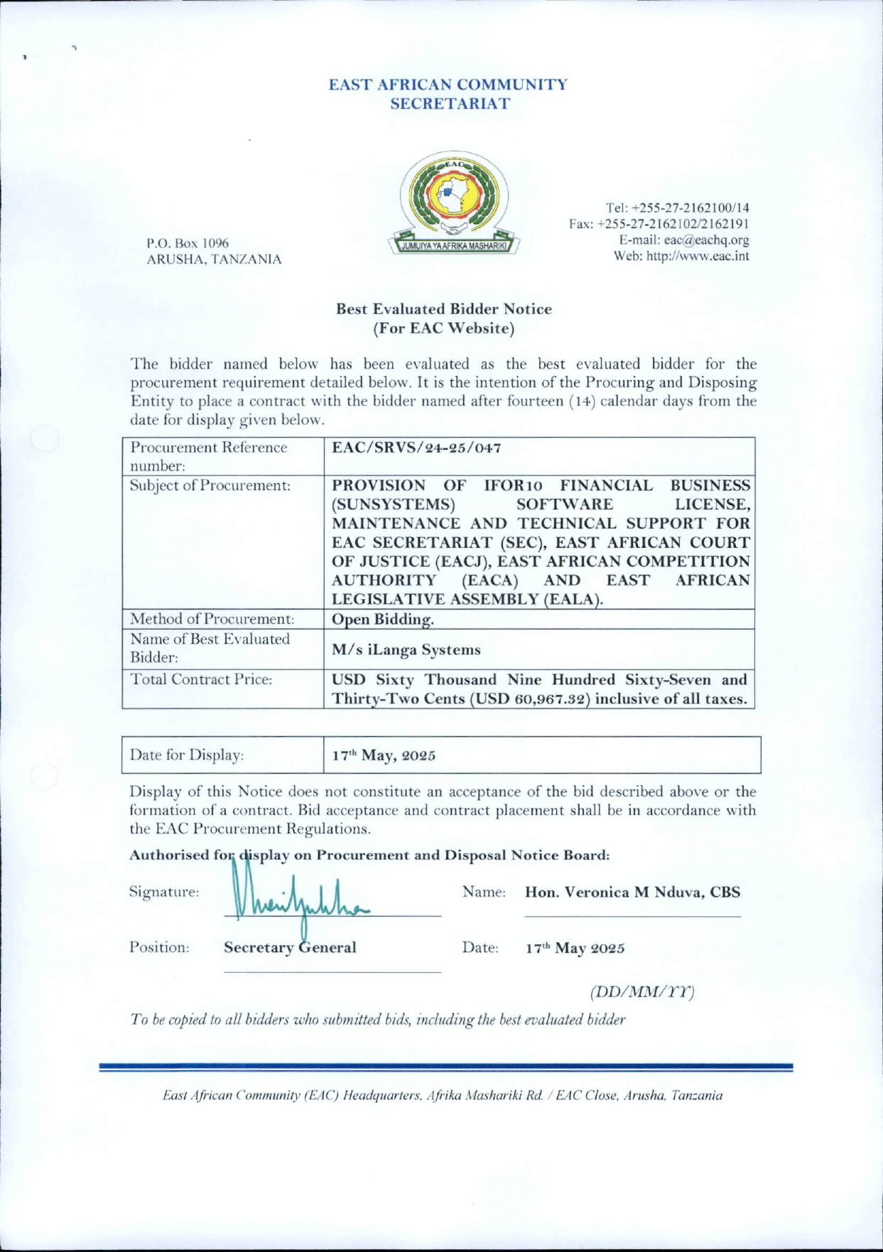 D Best Evaluated Bidder Notice Sunsystem Inforgar page 0001
