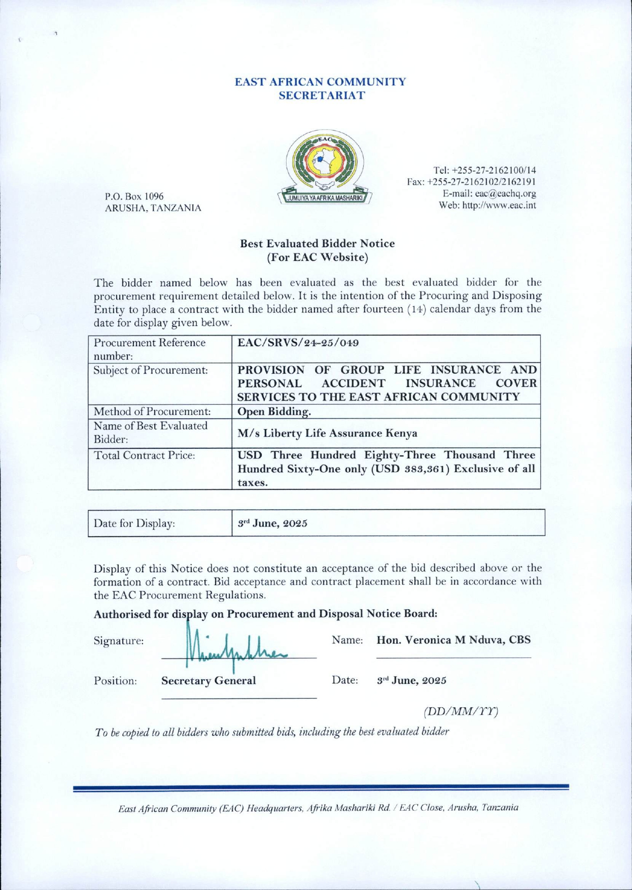 D Best Evaluated Bidder Notice Staff Group Life Insurance page 0001