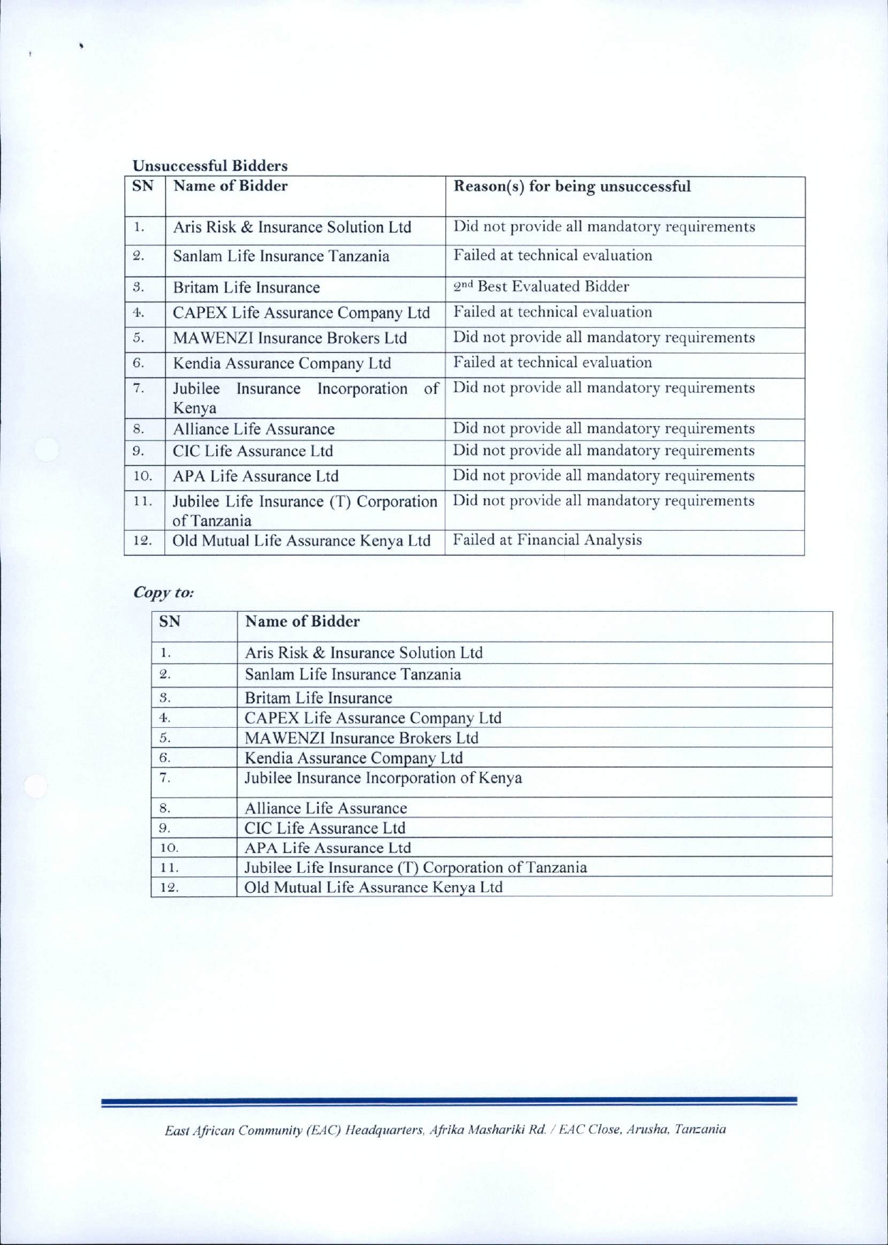 D Best Evaluated Bidder Notice Staff Group Life Insurance page 0002