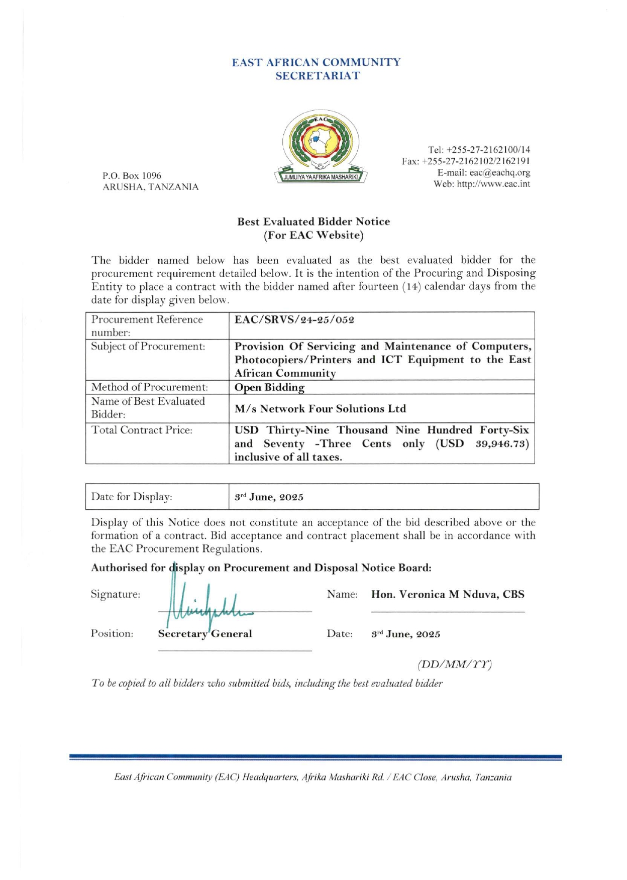 D Best Evaluated Bidder Notice ICT Regular Maintenance page 0001