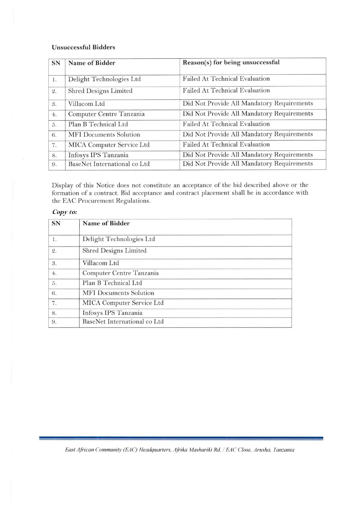 D Best Evaluated Bidder Notice ICT Regular Maintenance page 0002