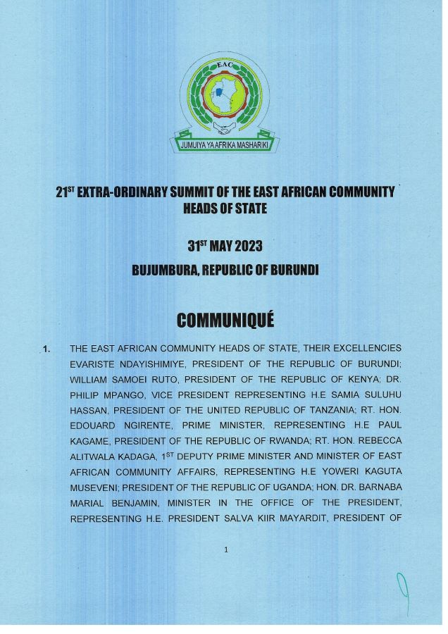Communique of the 21st Extra Ordinary Summit of the EAC Heads of State 31st May 2023 in Bujumbura page 0002