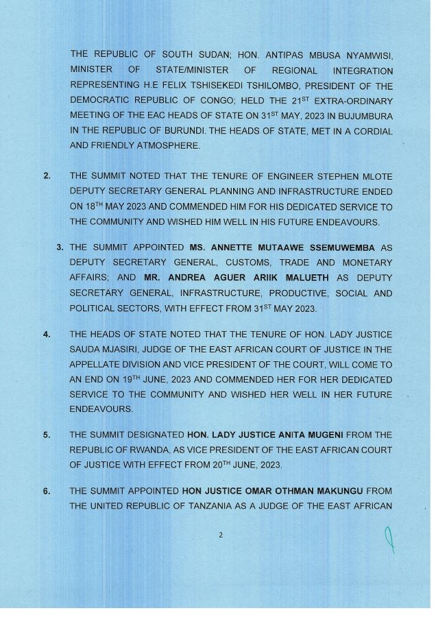 Communique of the 21st Extra Ordinary Summit of the EAC Heads of State 31st May 2023 in Bujumbura page 0003