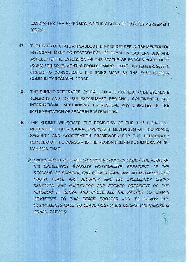 Communique of the 21st Extra Ordinary Summit of the EAC Heads of State 31st May 2023 in Bujumbura page 0006