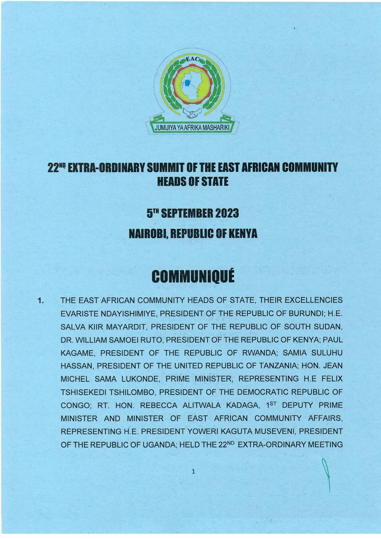 Communique of the 22nd Extra Ordinary Summit of the EAC Heads of State 5.9.23 page 0002