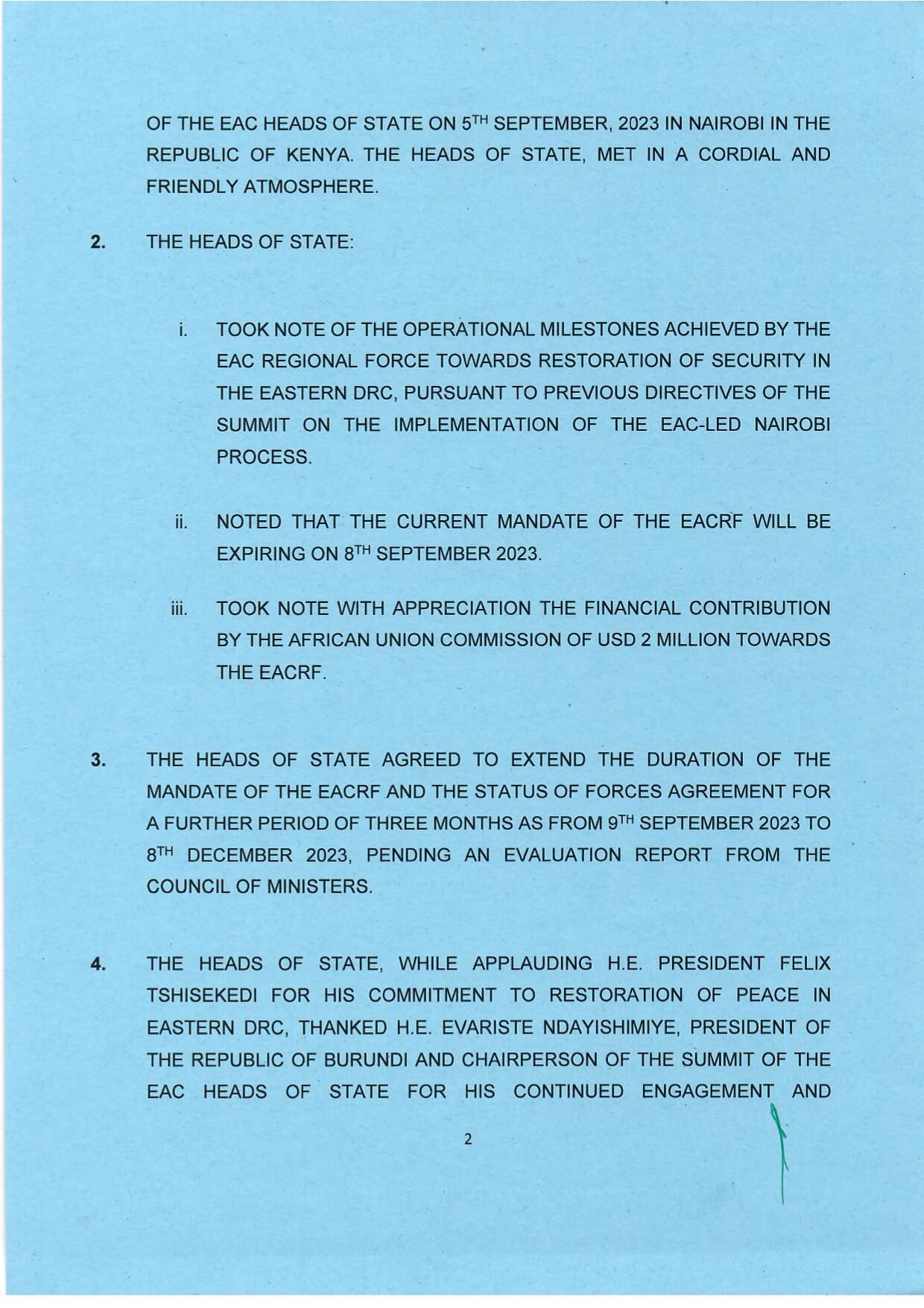 Communique of the 22nd Extra Ordinary Summit of the EAC Heads of State 5.9.23 page 0003
