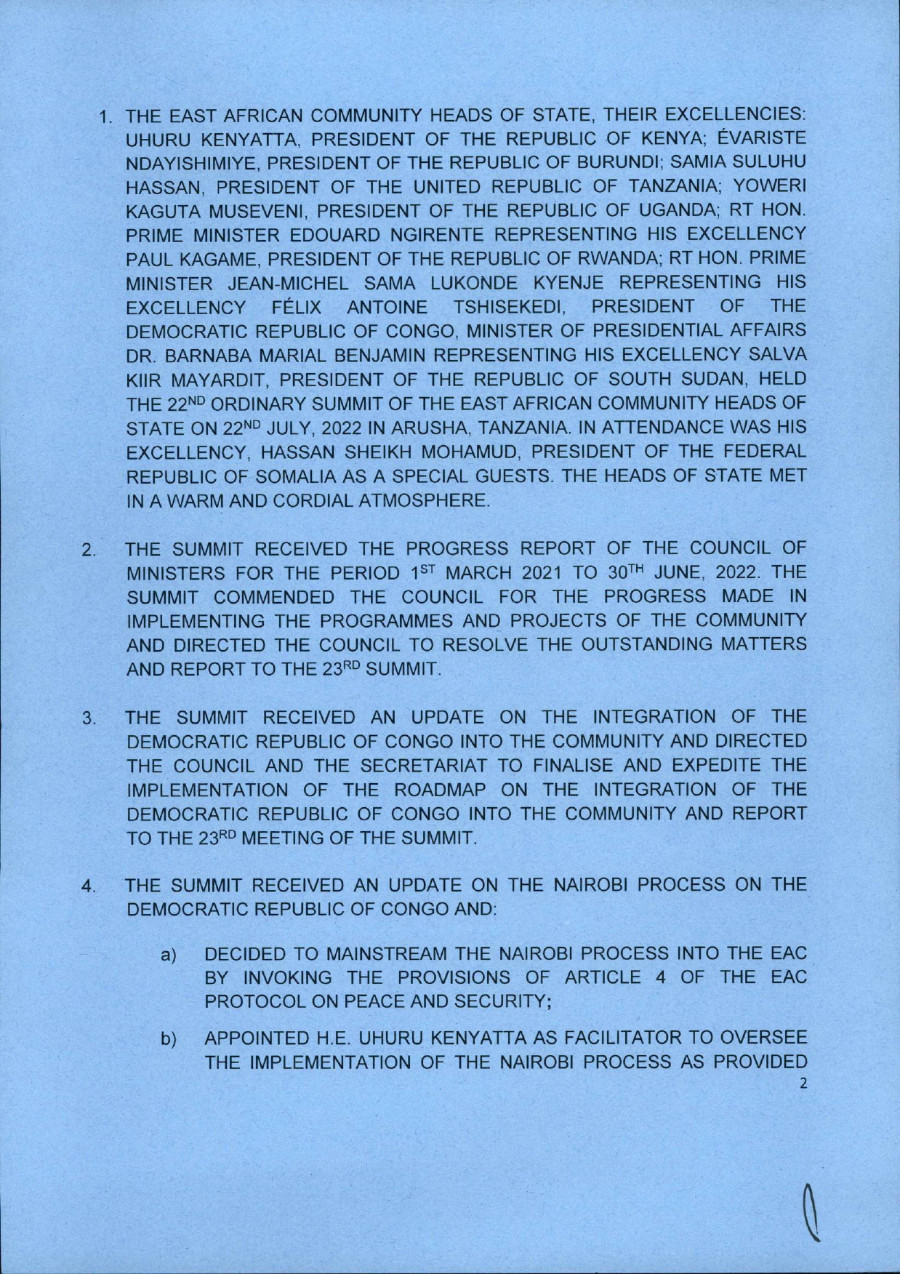 Communique of the 22nd Ordinary Summit of the EAC Heads of State July 2022 page 0002