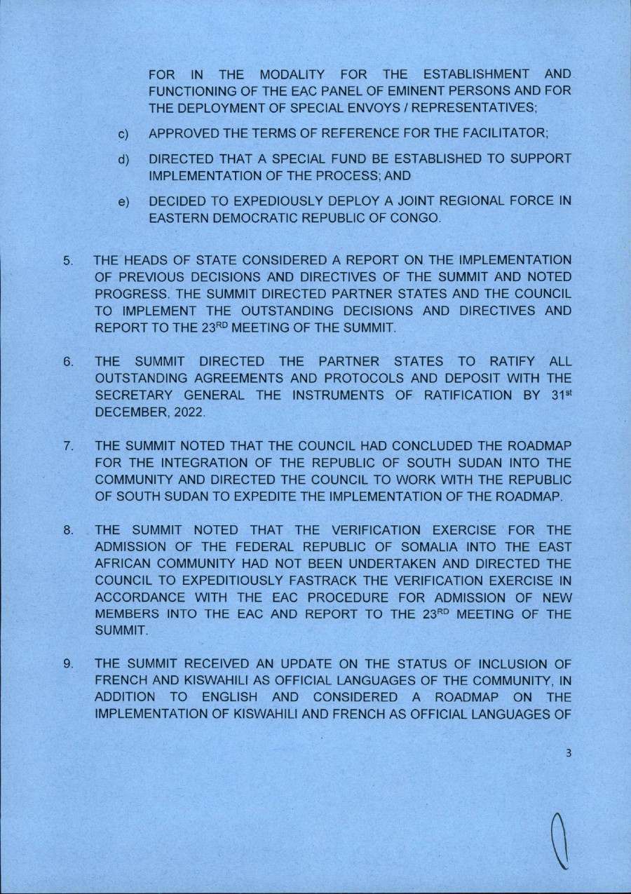 Communique of the 22nd Ordinary Summit of the EAC Heads of State July 2022 page 0003