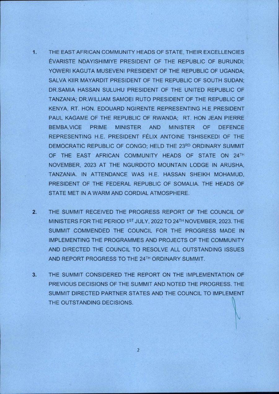 Communique of the 23rd Ordinary Summit of the EAC Heads of State page 0002