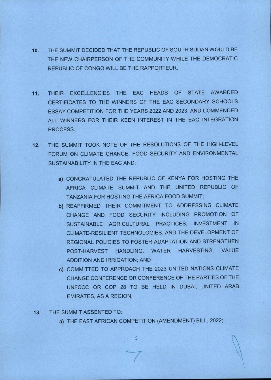 Communique of the 23rd Ordinary Summit of the EAC Heads of State page 0005