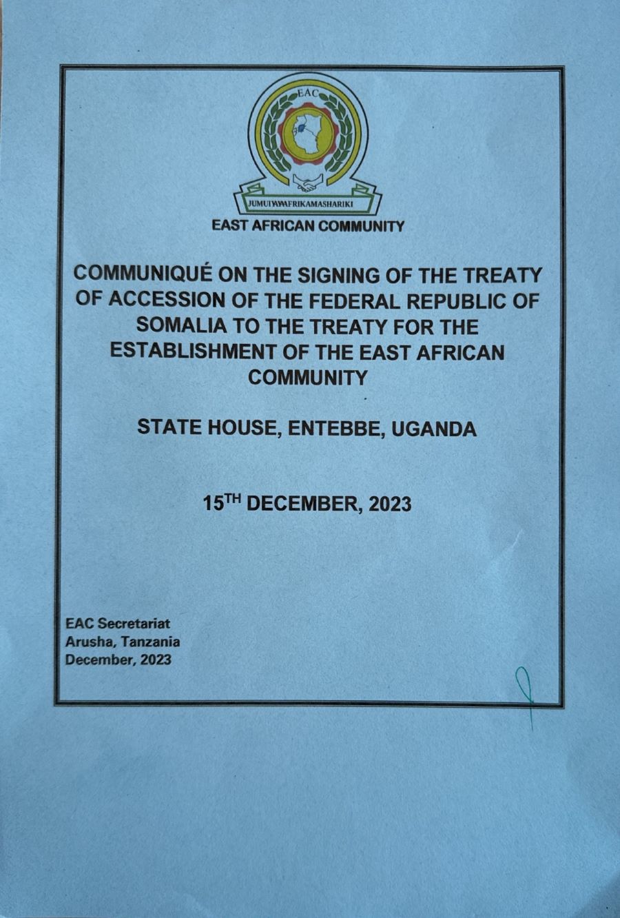 Communique on the Signing of the Treaty of Accession of the Federal Republic of Somalia to the Tre page 0001