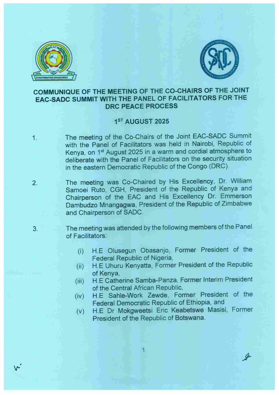 Communique of the Meeting of the Co Chairs of the Joint EAC SADC Summit with the Panel of Facilitators for the DRC Peace Process page 0001