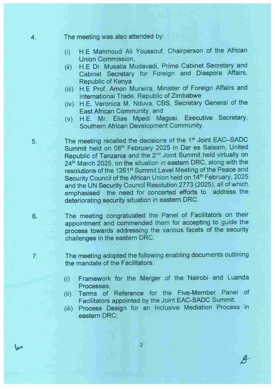 Communique of the Meeting of the Co Chairs of the Joint EAC SADC Summit with the Panel of Facilitators for the DRC Peace Process page 0002