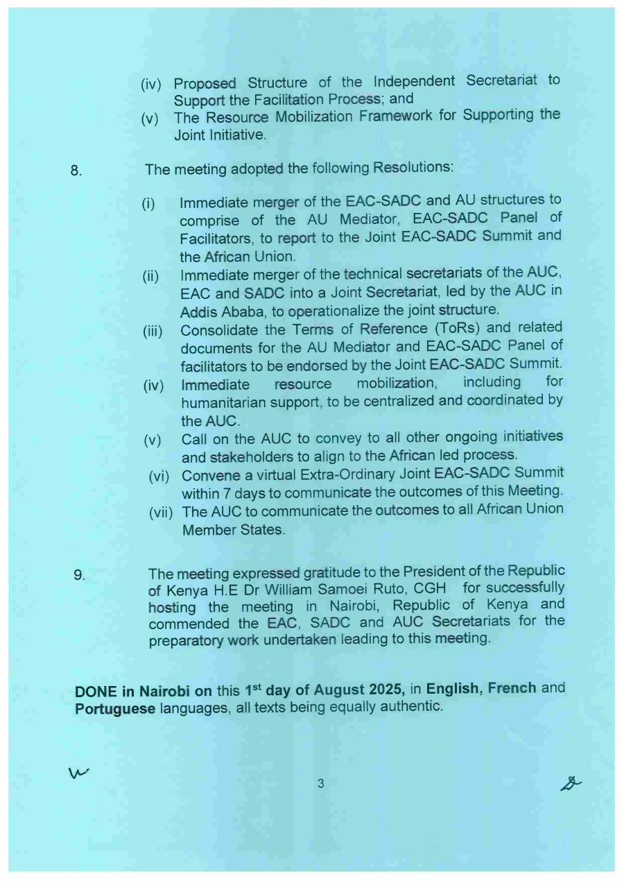 Communique of the Meeting of the Co Chairs of the Joint EAC SADC Summit with the Panel of Facilitators for the DRC Peace Process page 0003