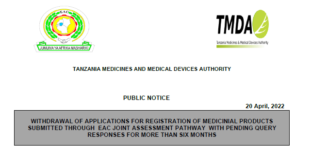 WITHDRAWAL OF APPLICATIONS FOR REGISTRATION OF MEDICINAL PRODUCTS SUBMITTED THROUGH EAC JOINT ASSESSMENT PATHWAY WITH PENDING QUERY RESPONSES FOR MORE THAN SIX MONTHS
