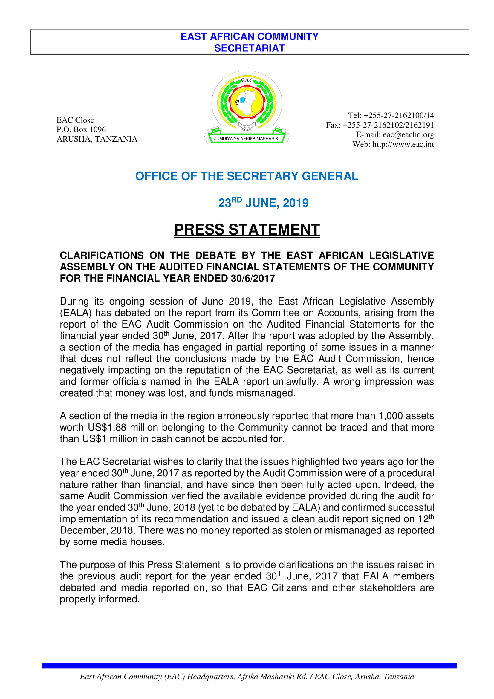 PRESS STATEMENT CLARIFICATION BY THE EAC SECRETARIAT OF AUDIT ISSUES AS DEBATED BY EALA IN JUNE 2019 1