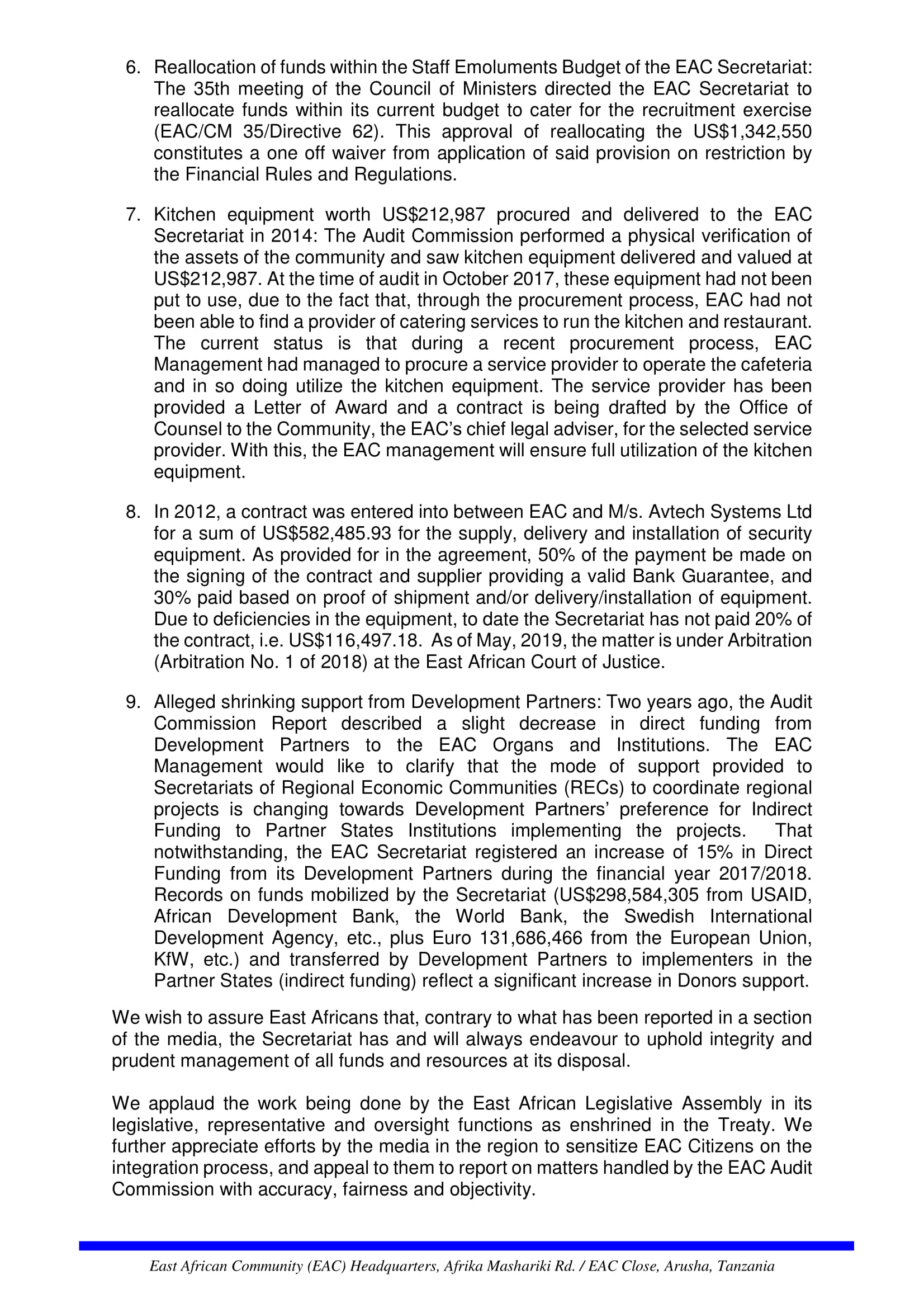 PRESS STATEMENT CLARIFICATION BY THE EAC SECRETARIAT OF AUDIT ISSUES AS DEBATED BY EALA IN JUNE 2019 3