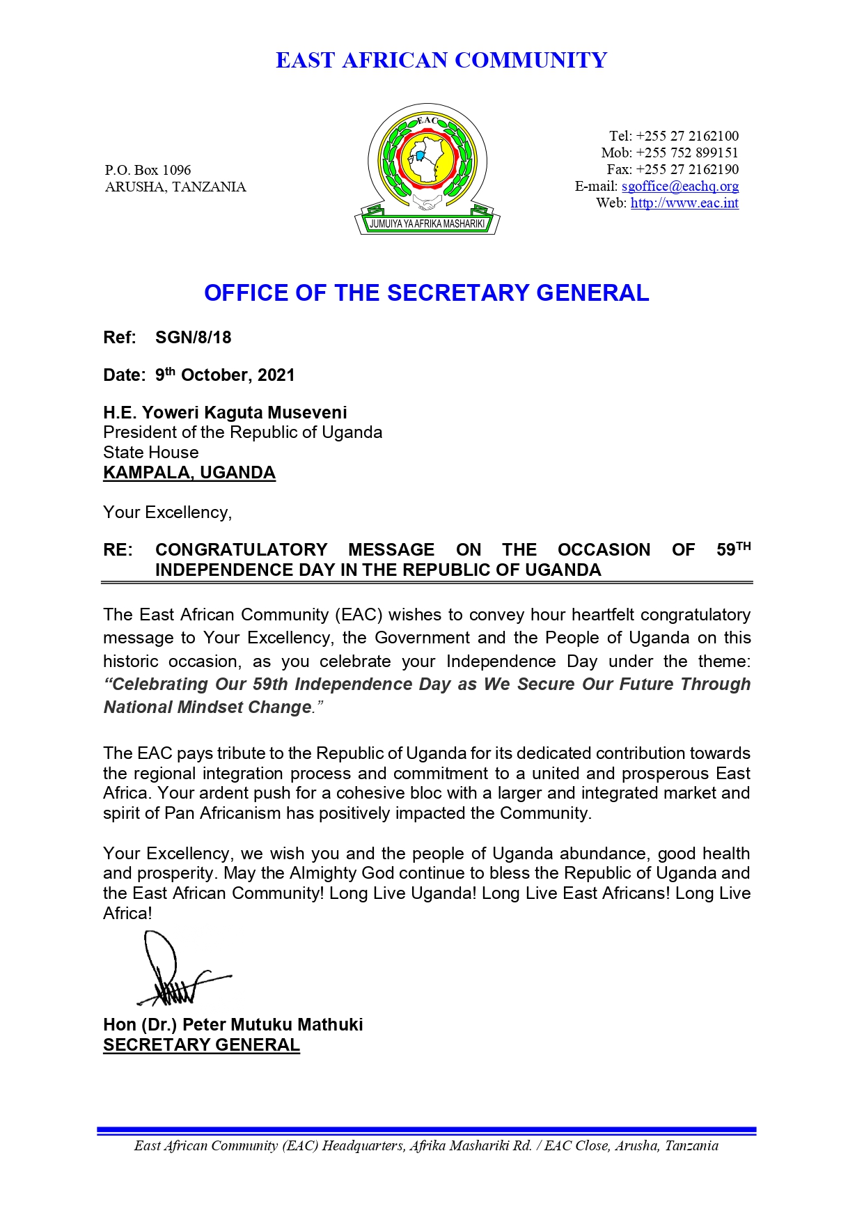CONGRATULATORY MESSAGE ON THE OCCASION OF INDEPENDENCE DAY IN THE REPUBLIC OF UGANDA page 0001