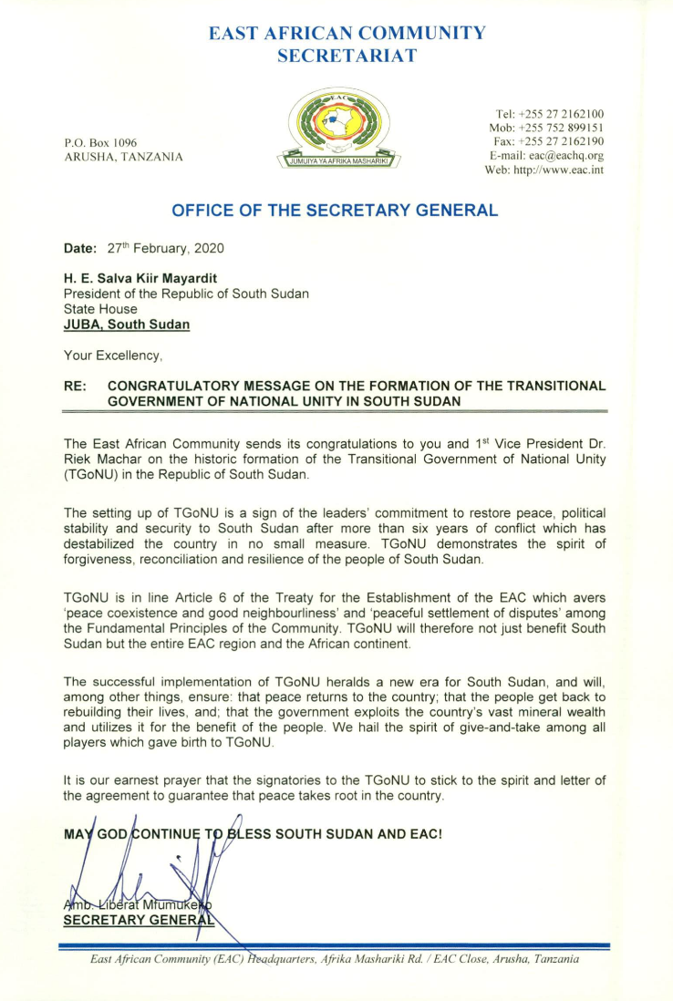 Congratulatory Message on the Formation of the Transitional Government of National Unity in South Sudan