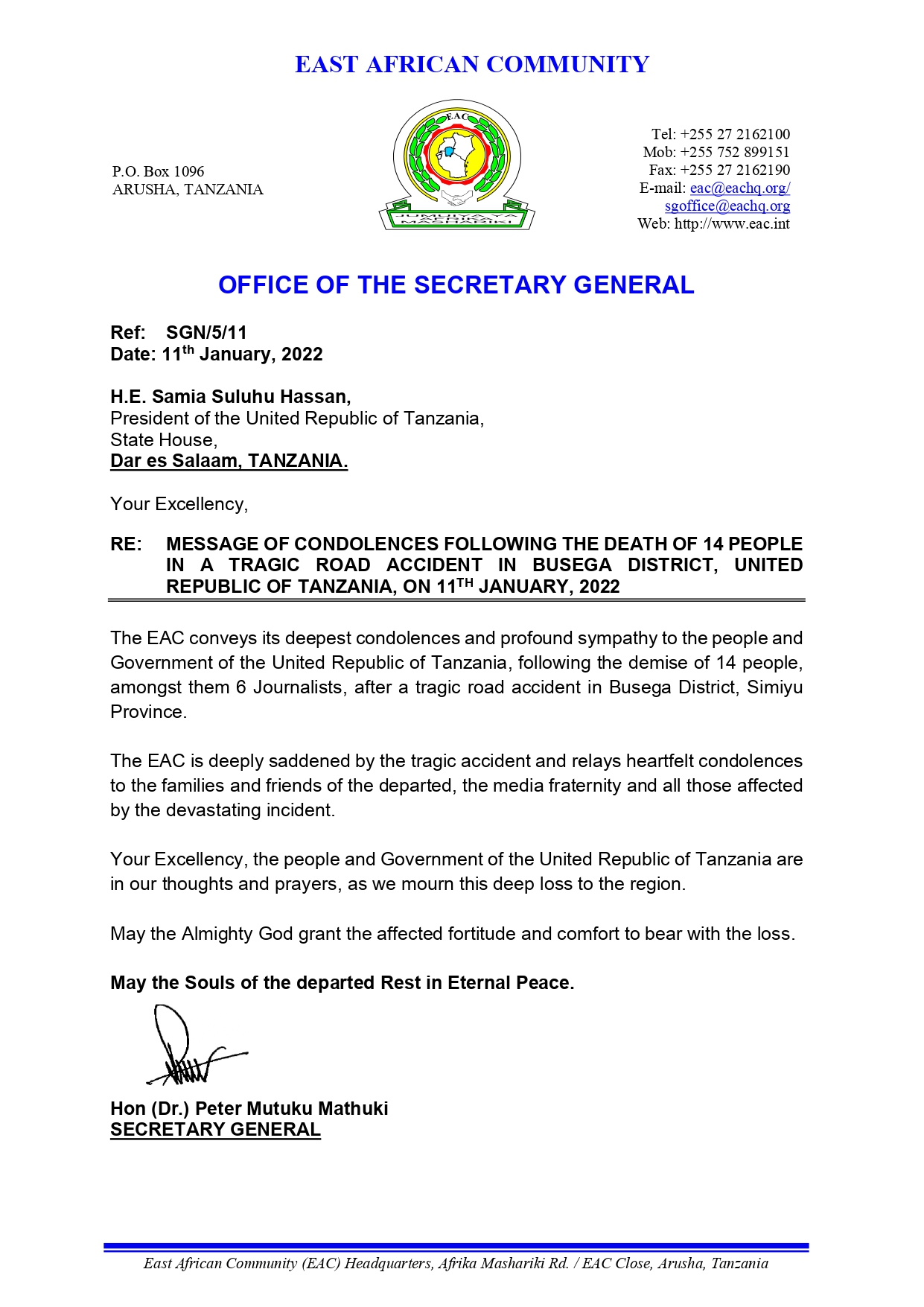 MESSAGE OF CONDOLENCES FOLLOWING THE DEATH OF 14 PEOPLE IN A TRAGIC ROAD ACCIDENT IN BUSEGA DISTRICT UNITED REPUBLIC OF TANZANIA ON 11TH JANUARY 2022 page 0001