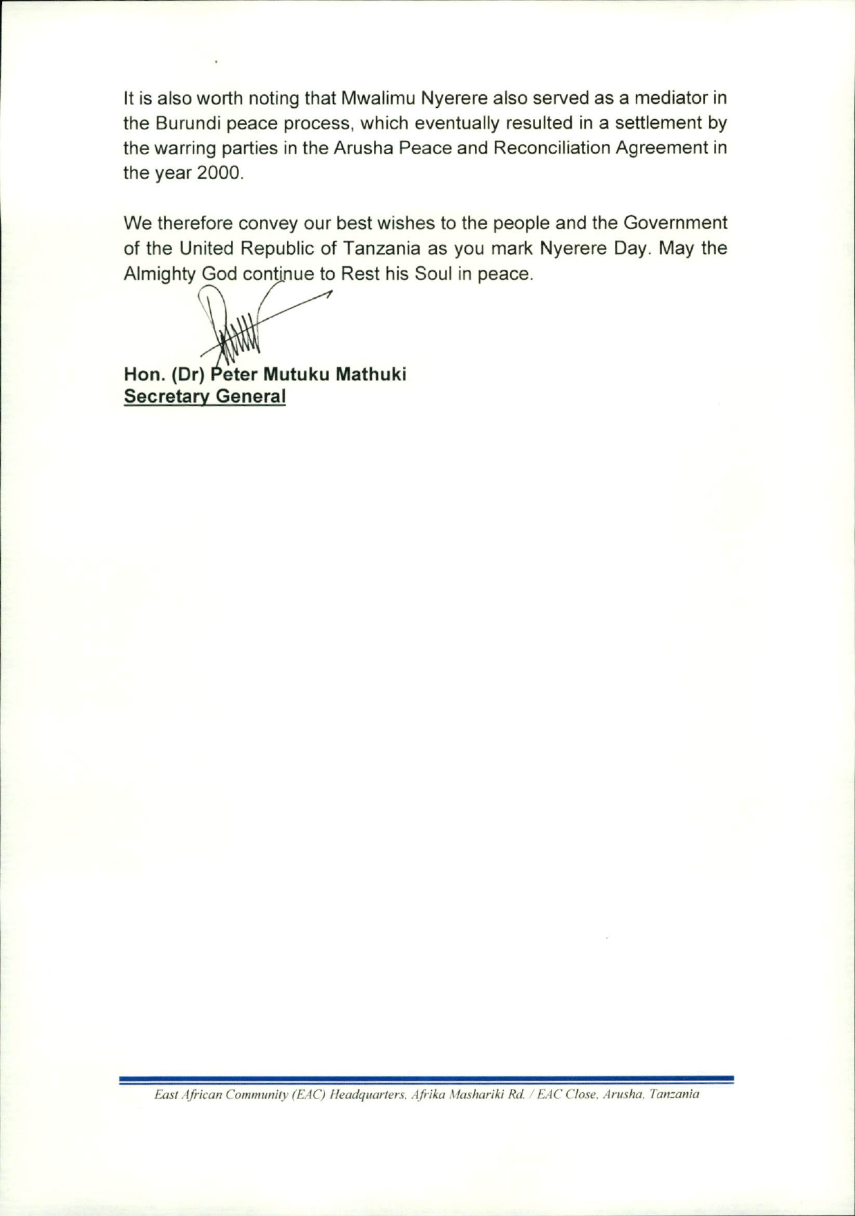 Message of Goodwill to URT on Nyerere Day1 page 0002