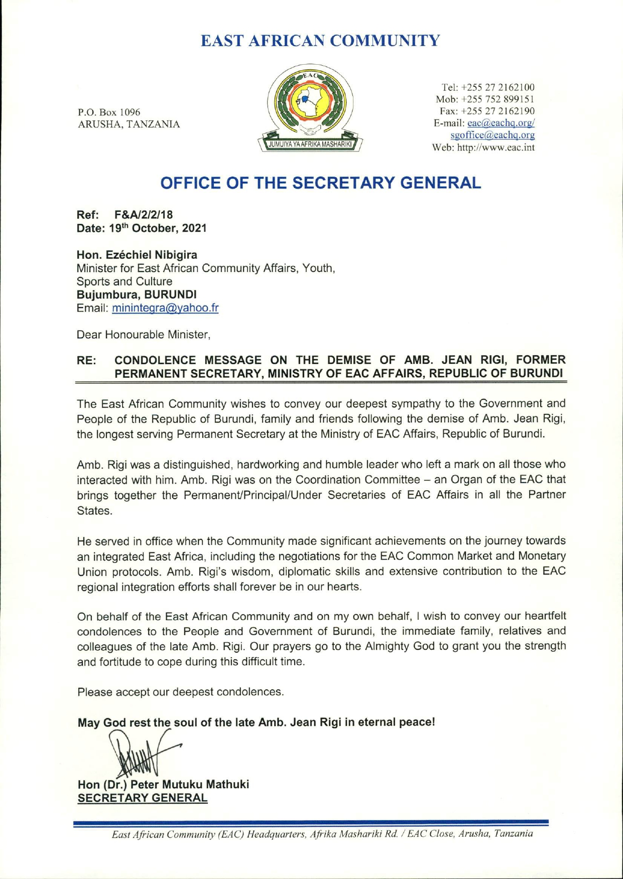 SGS CONDOLENCE MESSAGE ON THE DEMISE AMB JEAN RIGI FORMER PERMANENT SECRETARY MEACA BURUNDI.jpg