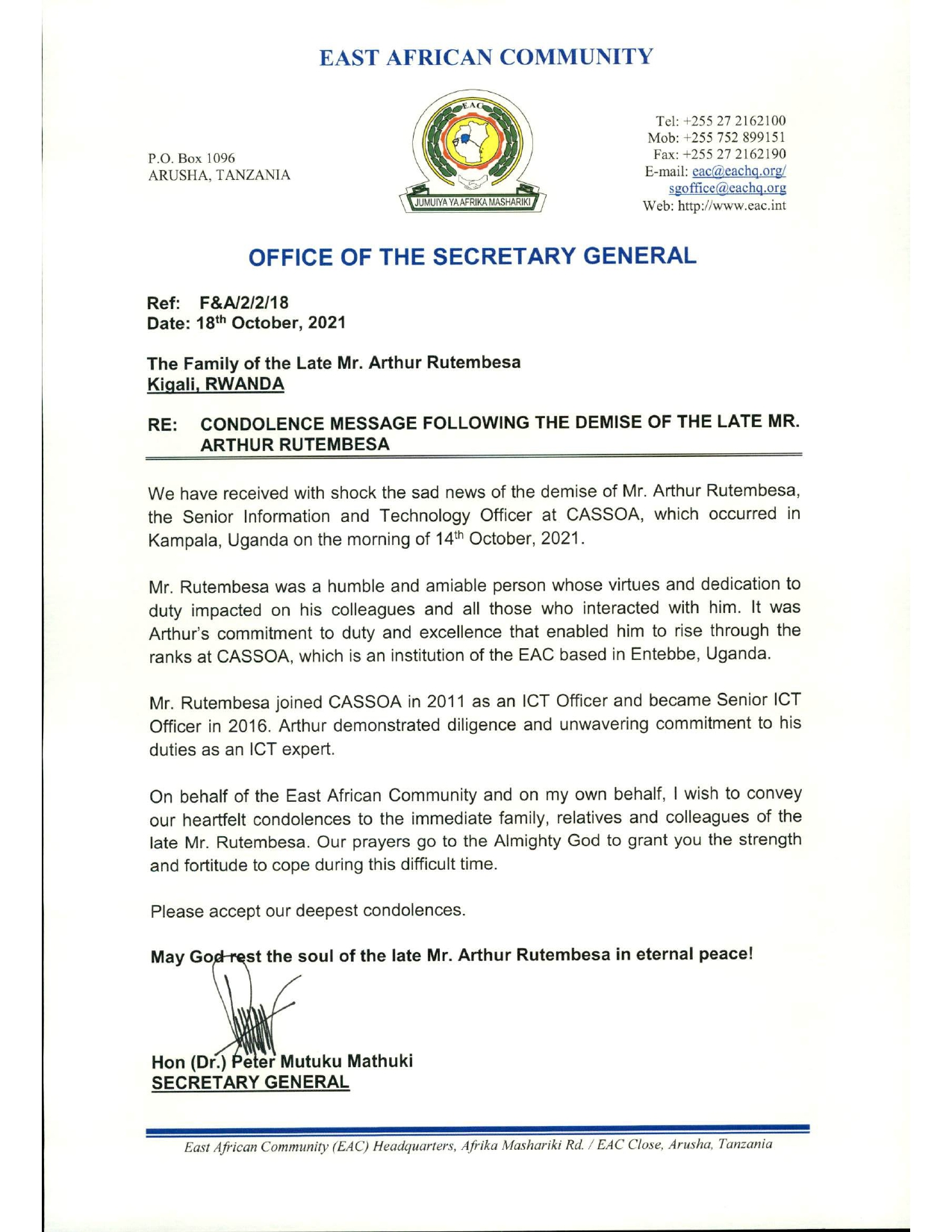 SGS CONDOLENCE MESSAGE ON THE DEMISE OF MR ARTHUR RUTEMBESA FORMER SENIOR ICT OFFICER AT CASSOA.jpg