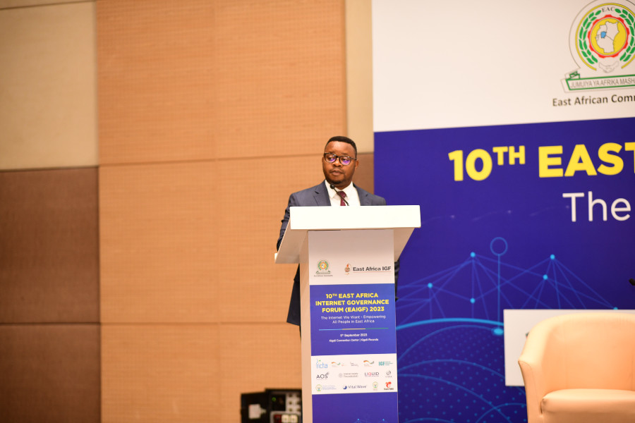  Rwanda Ministry of Information and Communication Technology (ICT) and Innovation, Permanent Secretary, Mr. Yves Iradukunda makes his remarks during the opening session on the 10th EA-IGF in Kigali, Rwanda. 