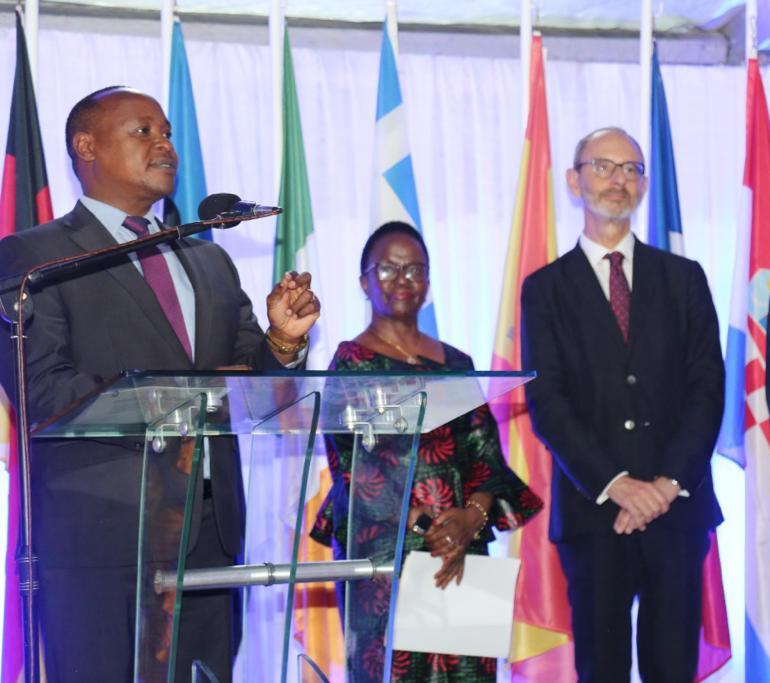 (L-R) East African Community Secretary General, Hon (Dr) Peter  Mathuki makes his remarks as Hon. Liberata Mulamula, Minister for Foreign Affairs and East African Cooperation, United Republic of Tanzania and Ambassador Manfredo Fanti, Head of the European Union Delegation to Tanzania and to the EAC look on