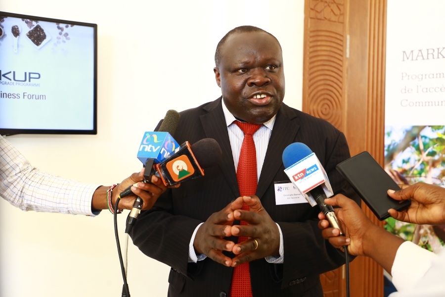 The EAC Deputy Secretary General in charge of Productive and Social Sector, Hon Christophe Bazivamo addressing the media during the EAC Coffee Business Forum.