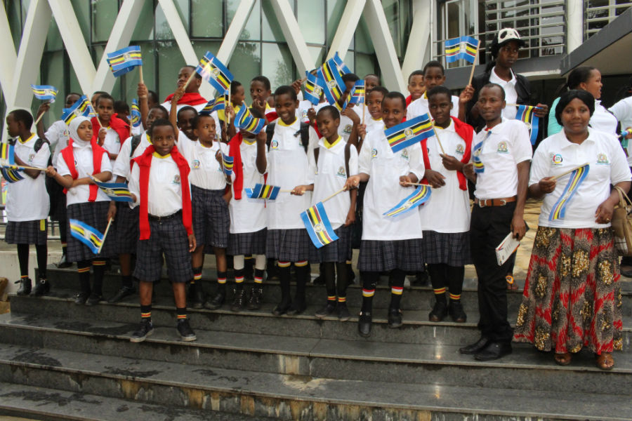 Students from various secondary schools in Arusha recite poems and presentations during the EAC's 20th birthday bash in Arusha.