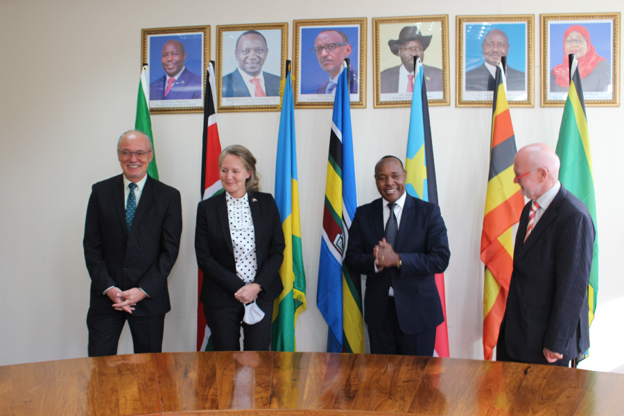  EAC Secretary General Hon. Dr. Peter Mathuki (second right) with Ambassadors (from left) H.E. Peter Van Acker (Belgium), H.E.  Mette Norgaard Dissing-Spandet (Denmark) and H.E. Jeroen Verheul (the Netherlands) following a courtesy call by the envoys on Dr. Mathuki.