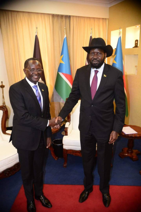 President Salva Kiir welcomes EALA Speaker, Rt Hon Ngoga K. Martin to the Presidential Palace in Juba