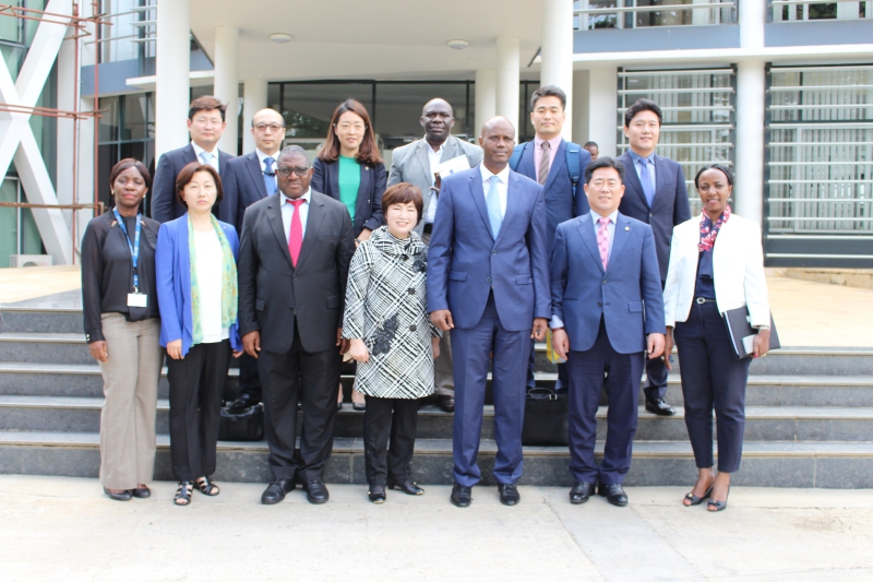 EAC Secretary General Amb. Liberat Mfumukeko (third right) in a group photo with Korean National Assembly MPs Hon. Jun Hye Sook (fourth left), Song Ok-joo (second left), Kim Gyu Hwan (second right), EAC DSG Planning and Infrastructure Eng. Steven Mlote (third left), and other EAC and Korean Embassy officials at the EAC Headquarters in Arusha.   