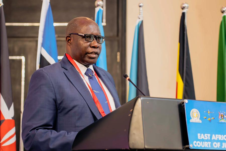 The Judge President of the East African Court of Justice, Justice Nestor Kayobera speaks during the opening session of the 2nd Annual EACJ Judicial Conference in Kampala. 