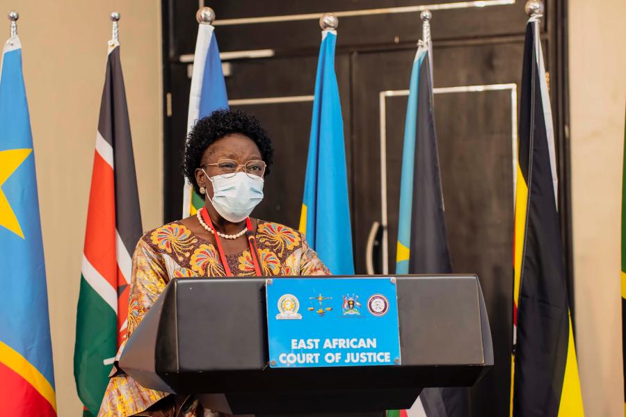 Uganda’s Deputy Prime Minister and Minister of EAC Affairs, Hon. Rebecca Kadaga, addresses delegates when she officially opened the 2nd Annual EACJ Judicial Conference in Kampala, Uganda. 