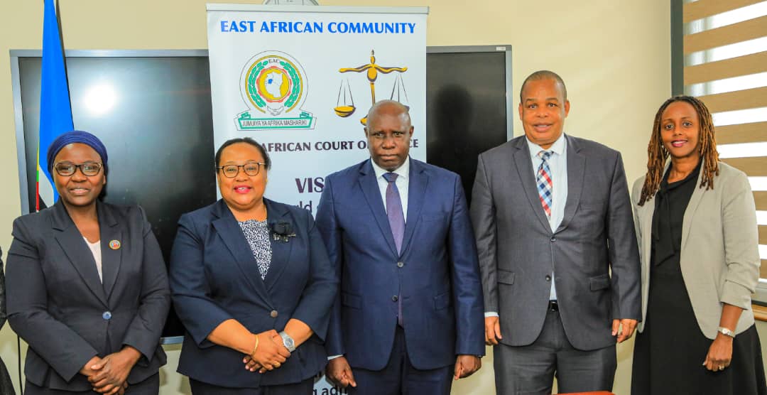 (l-r): The Permanent Secretary, Tanzania Ministry of Constitutional and Legal Affairs, Ms. Mary Makondo; Minister of Constitutional and Legal Affairs of Tanzania, Hon. Amb. Dr. Pindi H. Chana; EACJ Judge President, Justice Nestor Kayobera; EACJ Principal Judge, Justice Yohana Masara and EACJ Deputy Registrar, Her Worship Christine Mutimura-Wekesa.