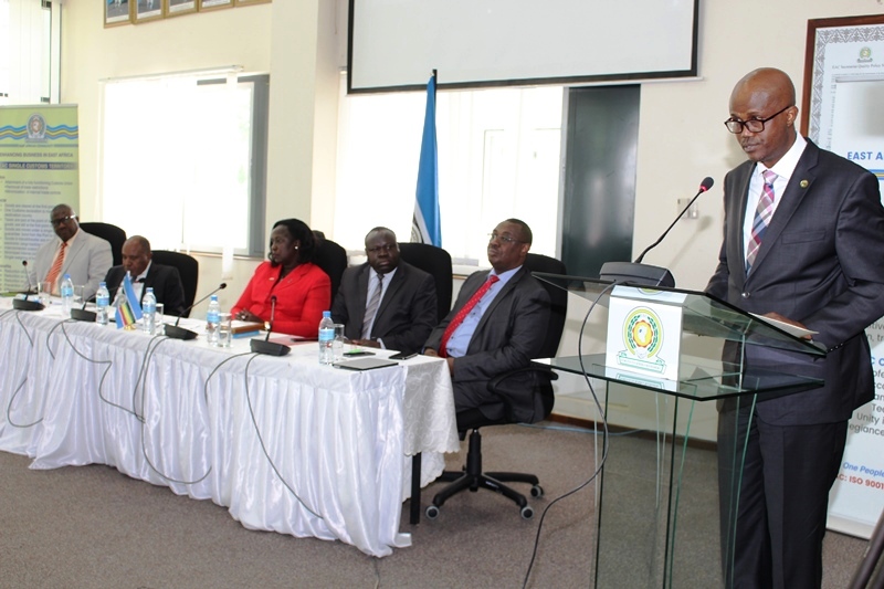 :EAC Secretary General Amb. Liberat Mfumukeko delivering his new year’s address to the staff of the EAC Organs and Institutions. Sitting close to him are EAC Executives(from R-L) Kenneth Bagamuhunda, Director General Customs and Trade,  Hon. Christophe Bazivamo, Deputy Secretary General in charge of Productive and Social Sector, Hon Jesca Eriyo, Deputy Secretary General Finance and Administration, Mr Charles Njoroge, Deputy Secretary General in charge of Political Federation and Eng. Steven Mlote, Deputy Secretary General Planning and Infrastructure 
