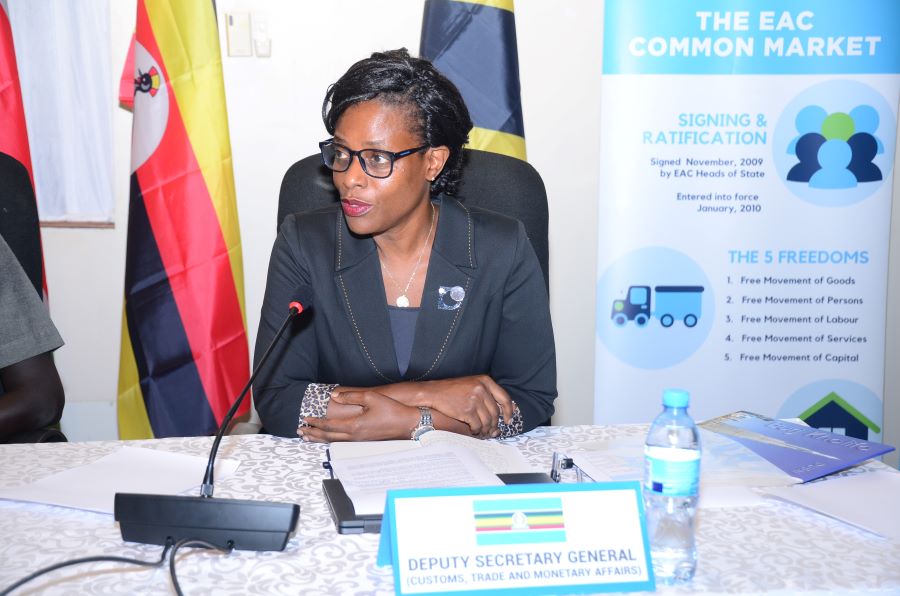 EAC Deputy Secretary General in charge of Customs, Trade and Monetary Affairs, Ms. Annette Ssemuwemba makes her remarks during the meeting