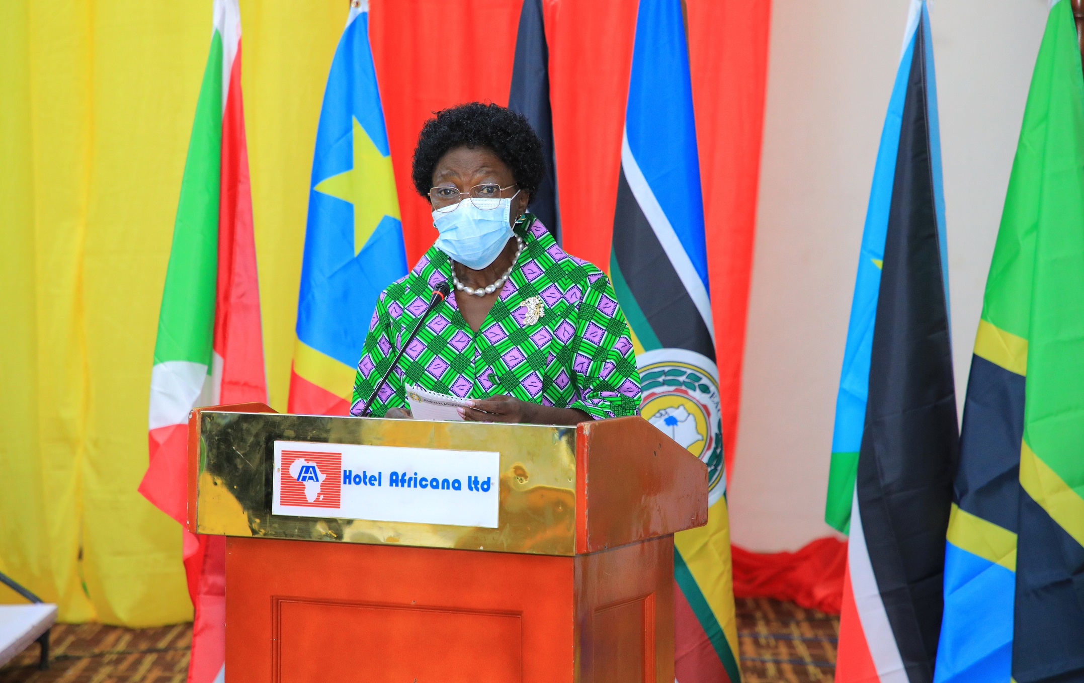Uganda’s 1st Deputy Prime Minister and Minister for EAC Affairs, Rt. Hon. Rebecca Kadaga, addresses delegates when she officially opened the 2nd EAC World Kiswahili Day celebrations in Kampala.