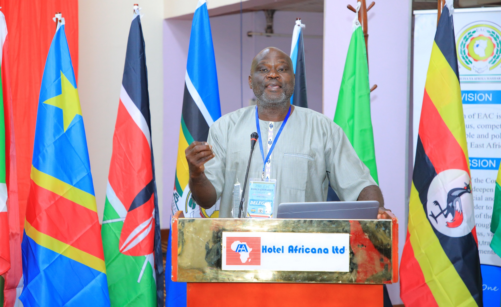 Prof. Kenneth Simala of Masinde Muliro University, Kakamega, Kenya making a presentation on ‘Kiswahili, Multilingualism and Pan-Africanism’ during a symposium to mark the 2nd EAC World Kiswahili Day in Kampala.