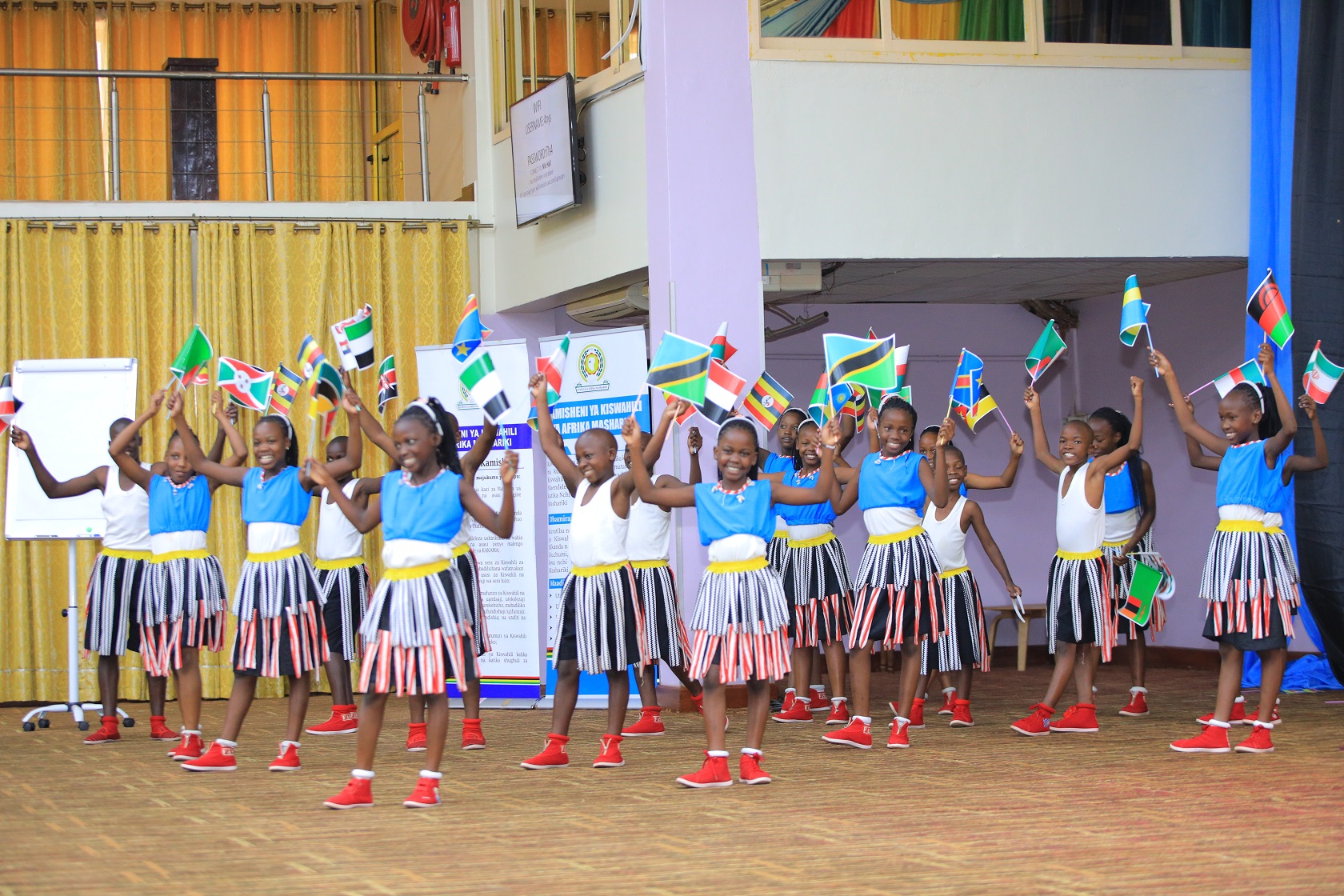 Pupils from Clever Origin Primary School in Kampala entertain guests during the 2nd EAC World Kiswahili Language Day celebrations in Kampala.