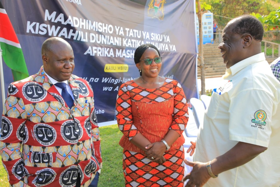 (L-R) The Judge President of the East African Court of Justice (EACJ), Justice Nestor Kayobera, East African Kiswahili Commission Executive Secretary, Dr. Caroline Asiimwe and Uganda's Minister of State for East African Community Affairs, Hon. James Magode Ikuya during the 3rd EAC World Kiswahili Language Day celebrations held in Mombasa, Kenya.
