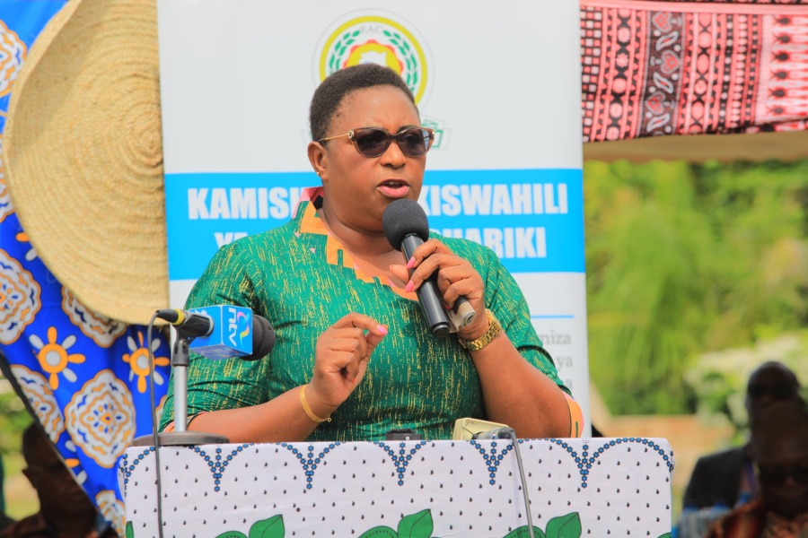 Kenya’s Cabinet Secretary for Gender, Culture, the Arts, and Heritage, Hon. Aisha Jumwa, speaks during the World Kiswahili Language Day celebrations.