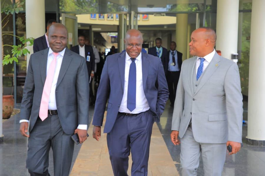 The EAC Deputy Secretary General in charge of Infrastructure, Productive, Social and Political Sectosr, Hon. Andrea Aguer Ariik Malueth, the Judge President of the East African Court of Justice, Justice Nestor Kayobera and EAC Secretary General Hon. (Dr.) Peter Mathuki at the EAC Headquarters in Arusha, Tanzania. 