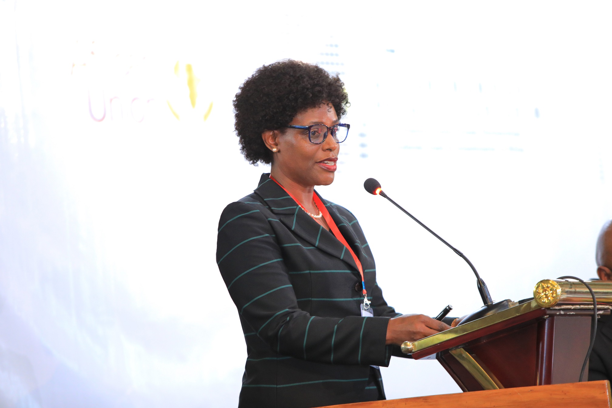 The EAC Deputy Secretary General in charge of Customs, Trade and Monetary Affairs, Ms. Annette Ssemuwumba speaks during the launch of the One Stop Border Post Performance Measurement Tool in Nairobi, Kenya. Ms. Ssemuwumba announced that the tool is already operational.