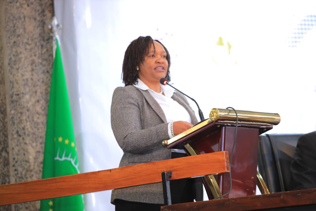 Kenya’s Cabinet Secretary for East African Community and Arid and Semi-arid Lands, Hon. Rebecca Miano, gives the keynote address during the opening session of the 14th African Union High Level Forum at the Kenyatta International Convention Centre in Nairobi, Kenya.