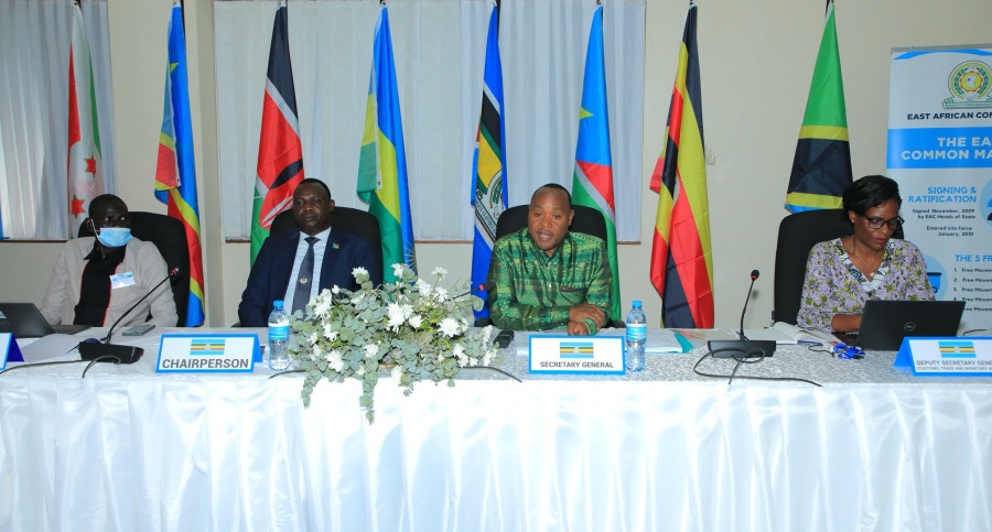 EAC Secretary General, Dr. Peter Mathuki (2nd right), makes his remarks at the 43rd Meeting of the Sectoral Council of Ministers on Trade, Industry, Finance and Investment (SCTIFI) at the EAC Headquarters in Arusha, Tanzania. Also in the photo are (from left), Mr. Samuel Tor (the Chairperson of the Session of Senior Officials), the Chairperson of the SCTIFI, Hon. William Anyuon Kuol Wol, and Ms. Annette Ssemuwemba, the EAC DSG in charge of Customs, Trade and Monetary Affairs.